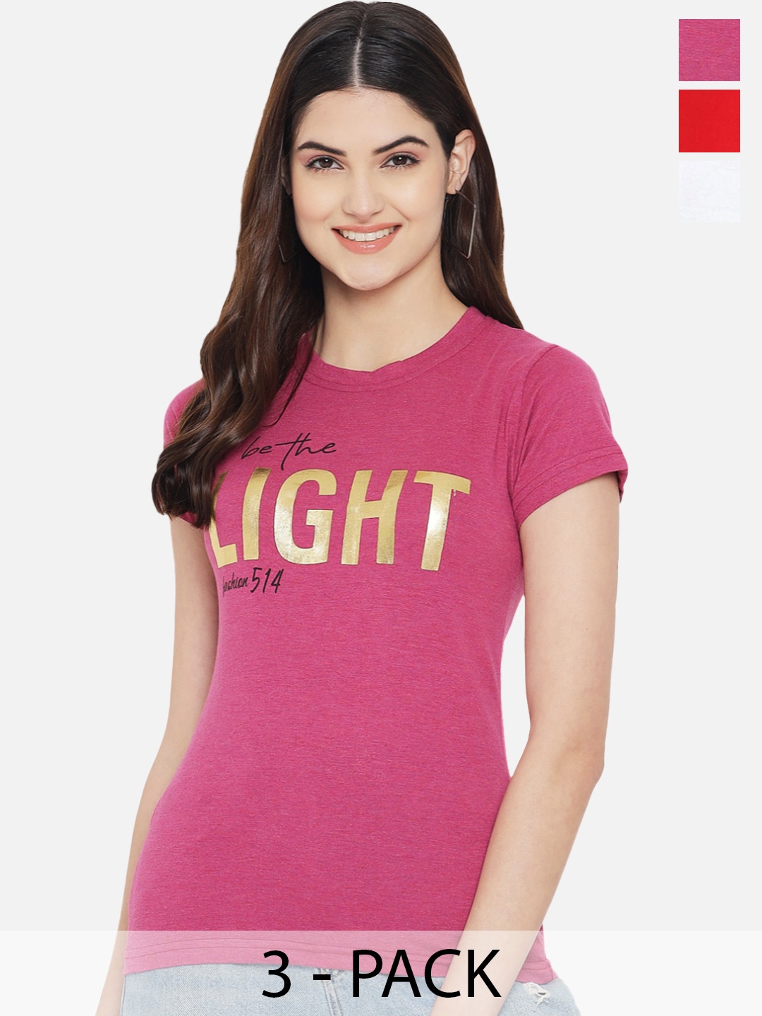 Fabflee Pack Of 3 Typography Printed Cotton T-shirt, Pink