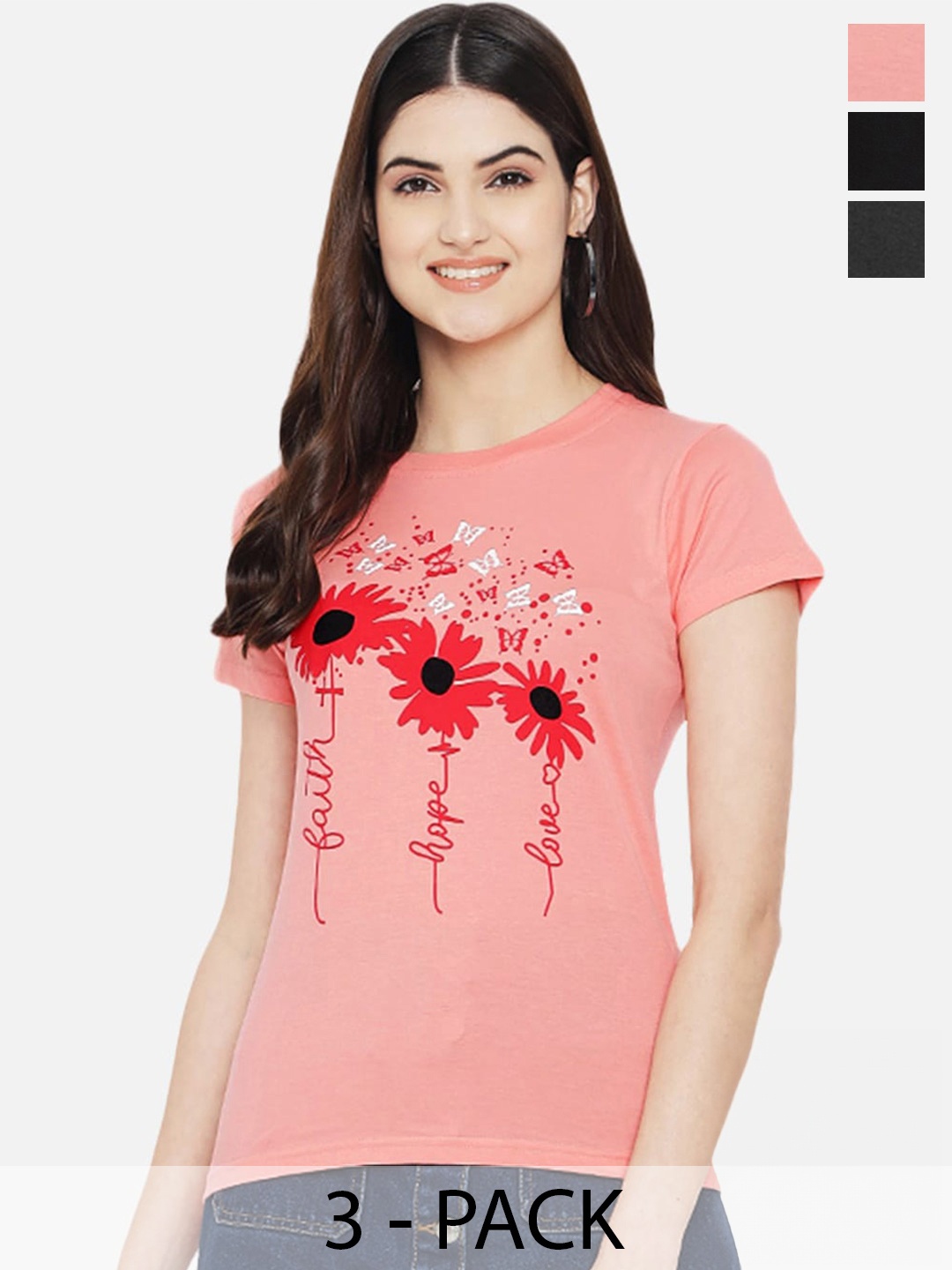 

Fabflee Pack Of 3 Typography Printed Cotton T-shirts, Pink