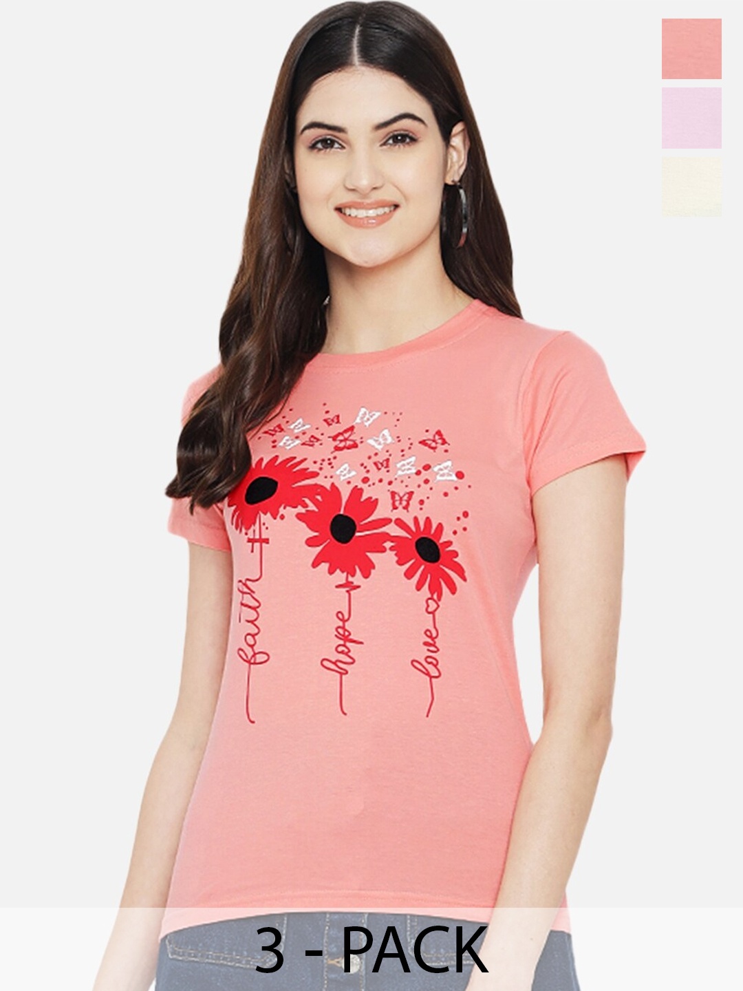 

Fabflee Pack Of 3 Floral Printed Cotton Casual T-Shirt, Pink