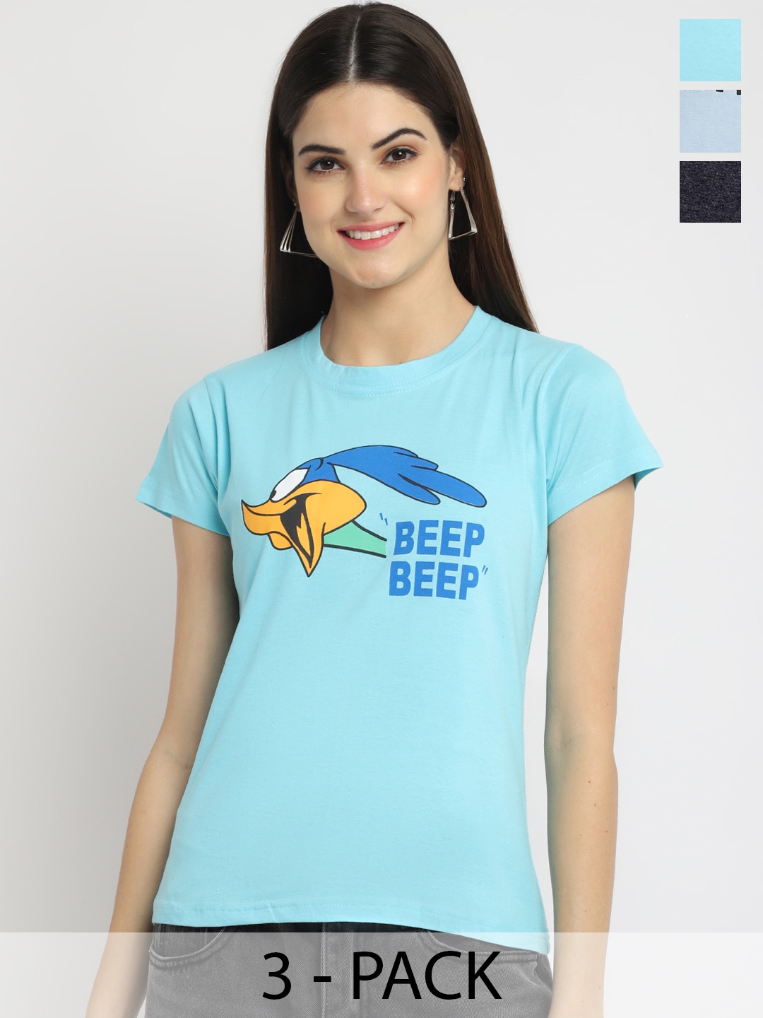 

Fabflee Pack Of 3 Printed Round Neck Pure Cotton T-shirt, Blue