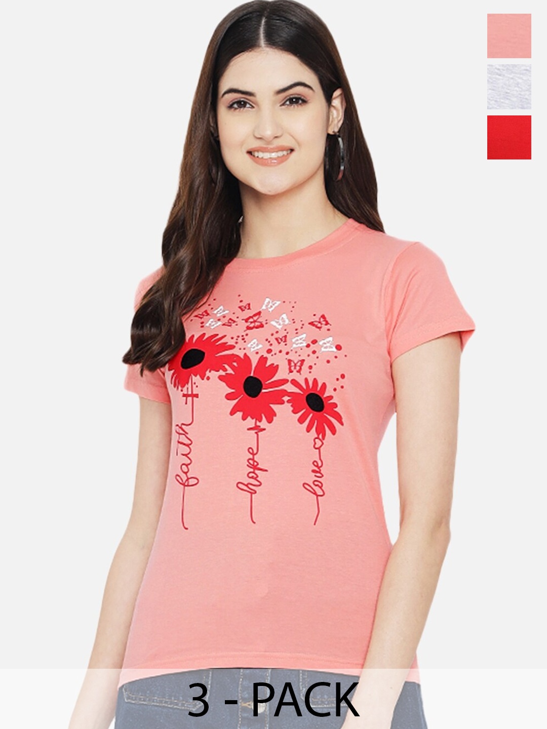 

Fabflee Pack Of 3 Typography Printed Cotton T-shirt, Pink