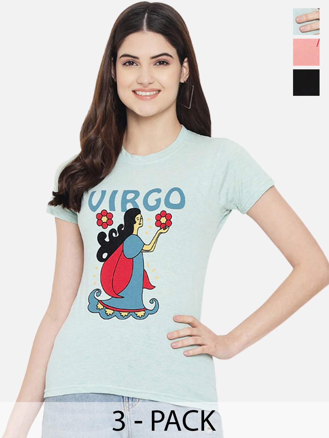

Fabflee Pack Of 3 Graphic Printed Cotton T-shirt, Turquoise blue