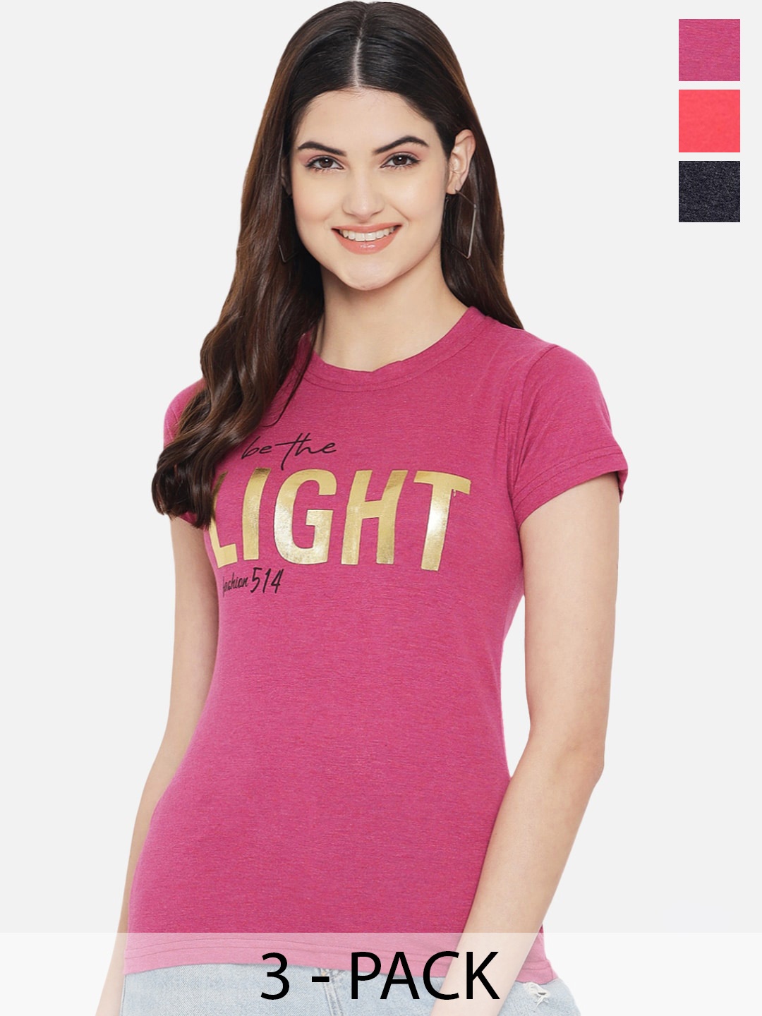 

Fabflee Pack Of 3 Typography Printed Cotton T-shirt, Magenta