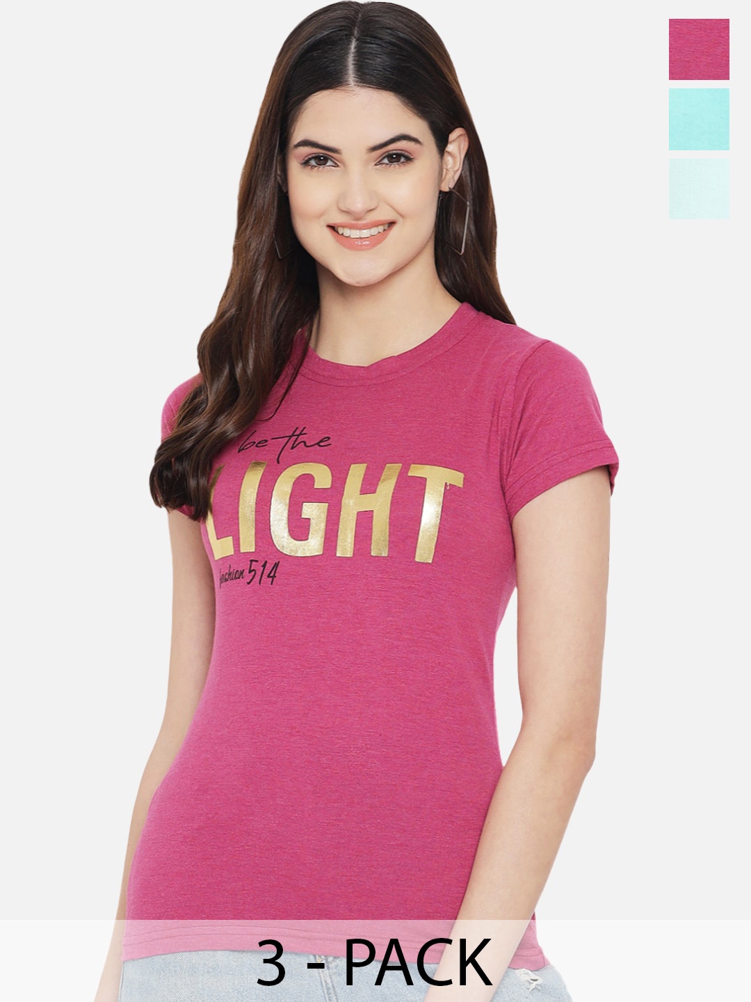 

Fabflee Pack Of 3 Typography Printed Cotton T-shirt, Pink