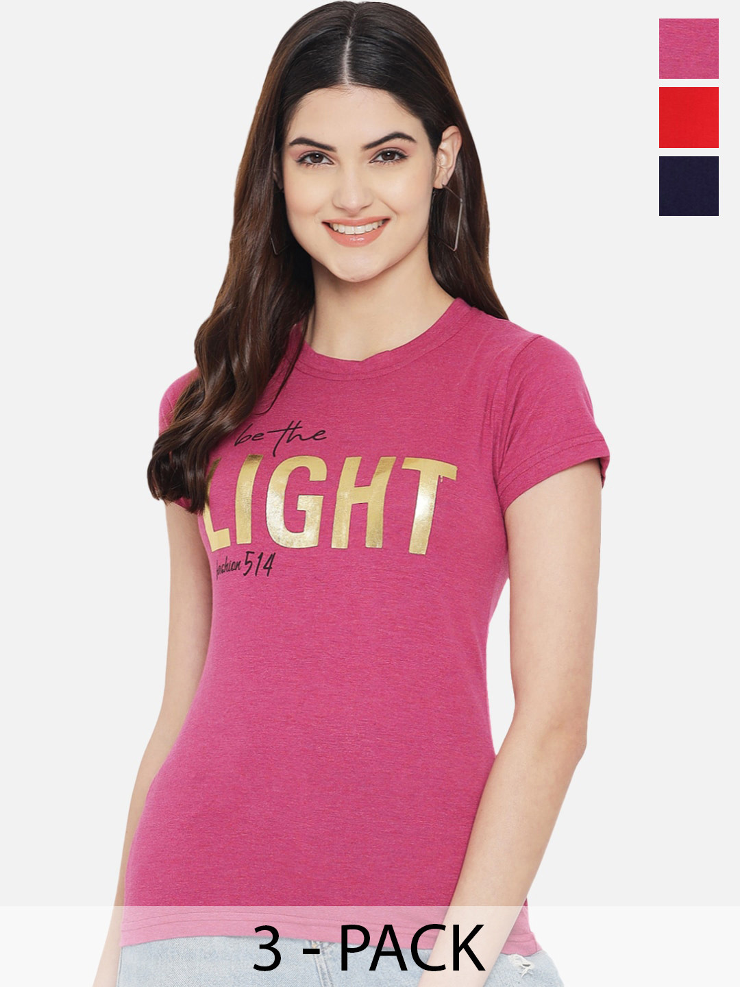 

Fabflee Pack Of 3 Typography Printed Cotton T-shirts, Pink