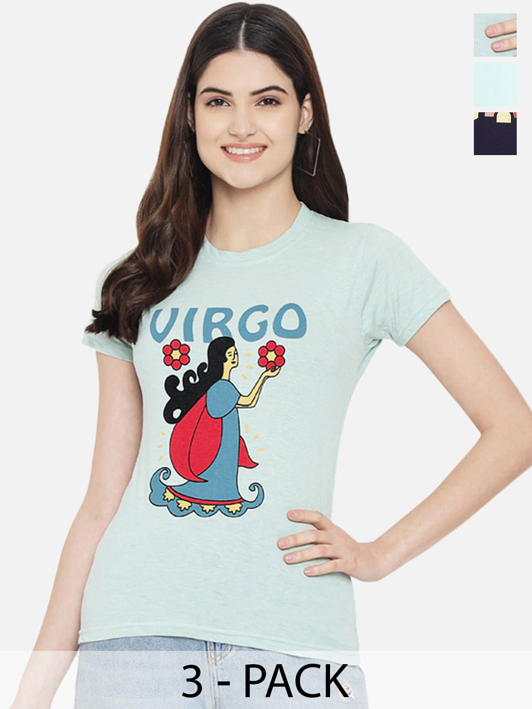 

Fabflee Pack of 3 Typography Printed Cotton T-shirts, Blue