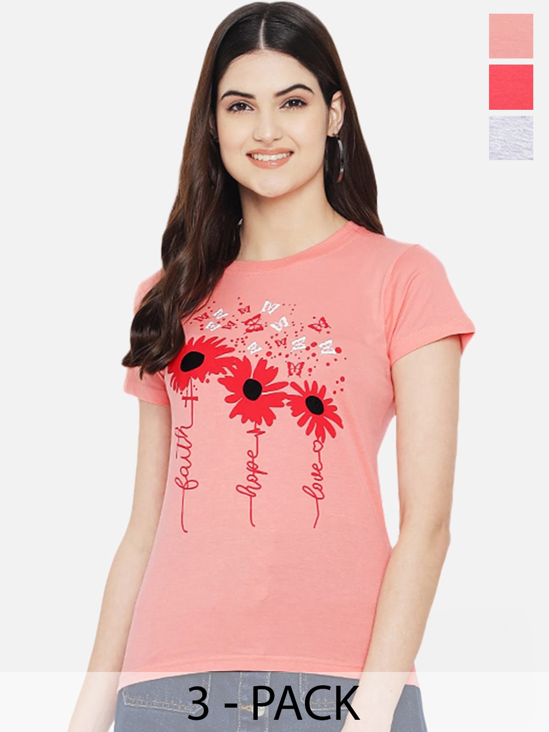 

Fabflee Pack Of 3 Typography Printed Cotton T-shirt, Peach