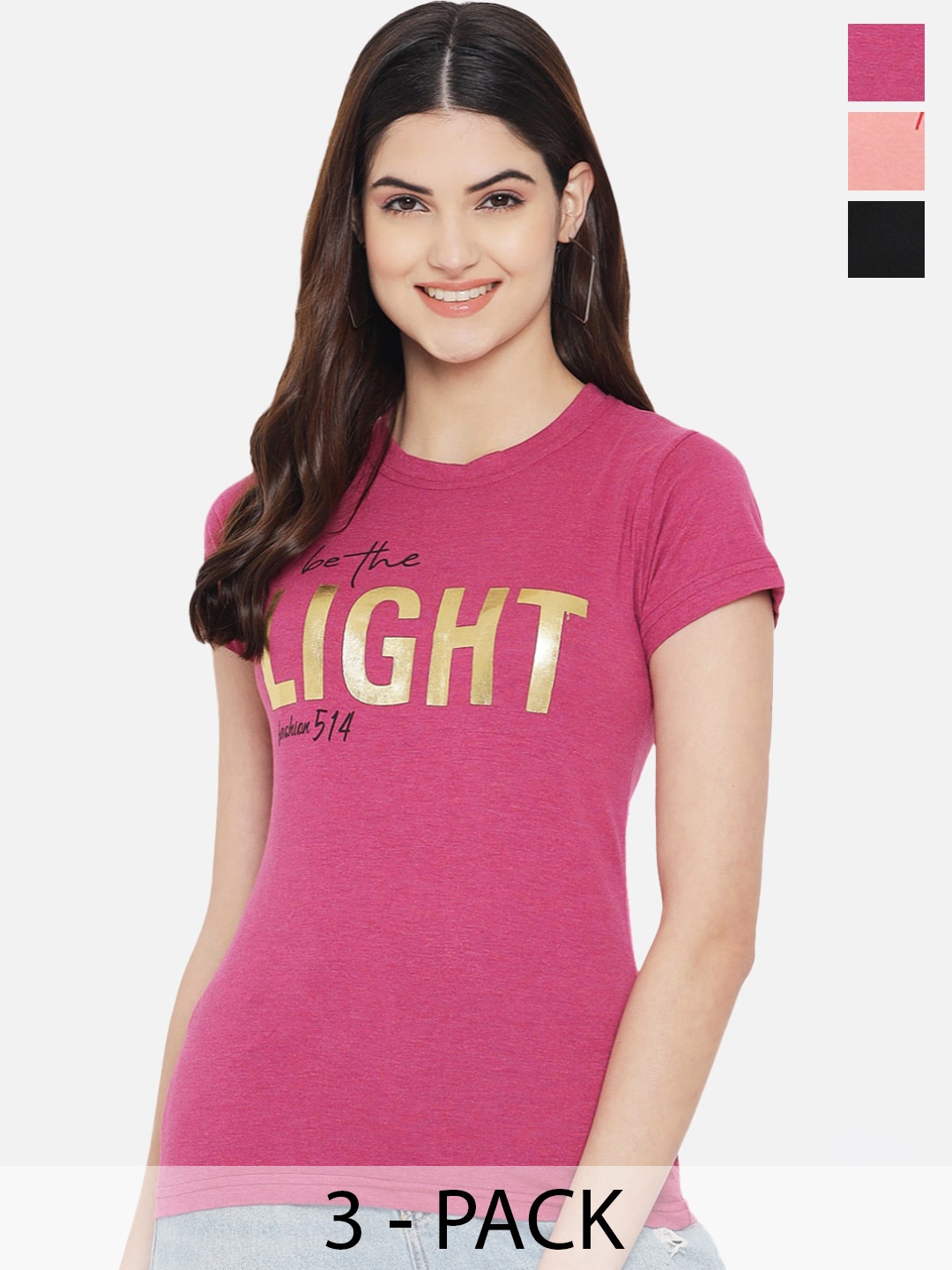 

Fabflee Pack Of 3 Typography Printed Cotton T Shirts, Pink