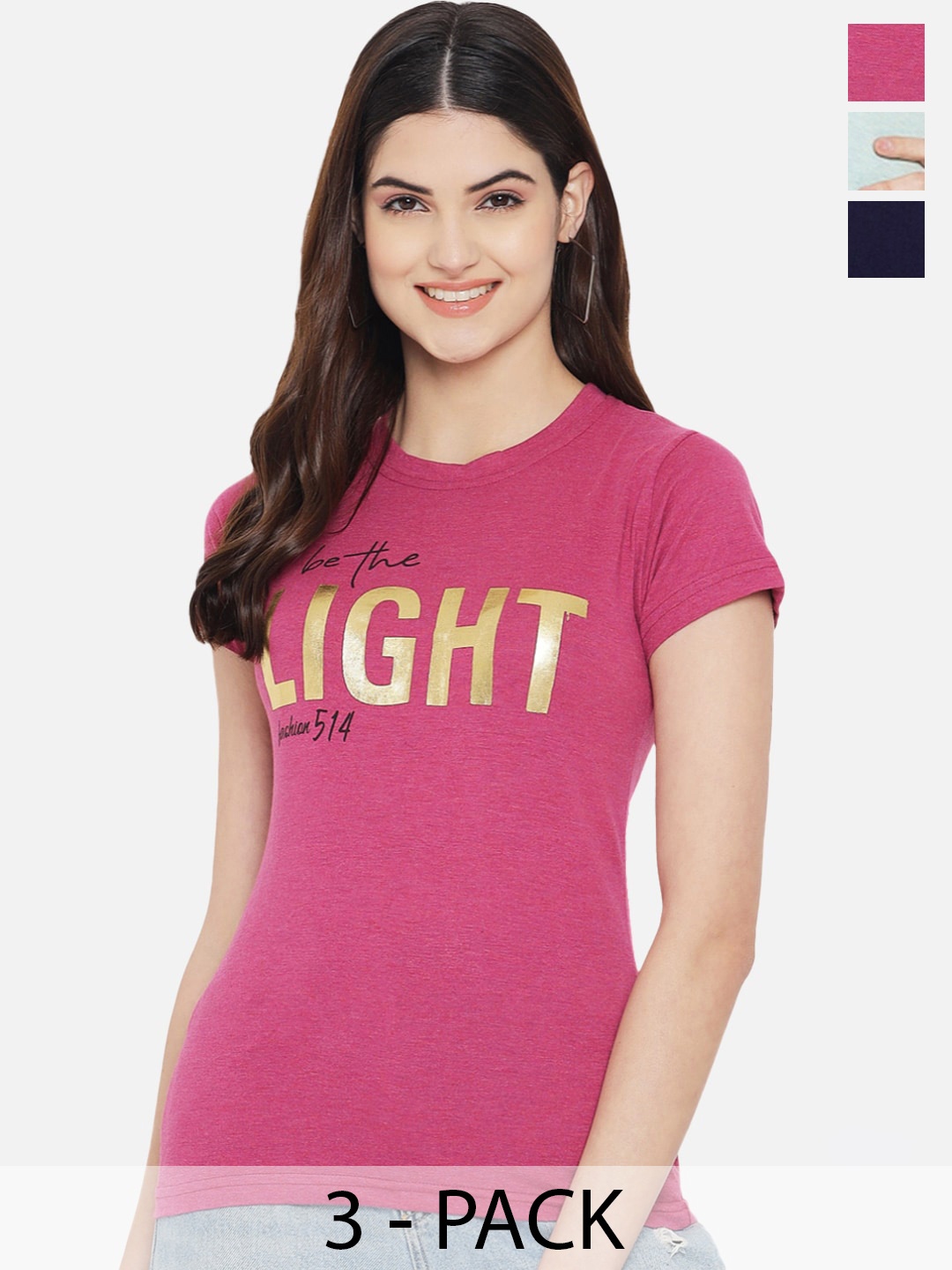 

Fabflee Pack Of 3 Typography Printed Cotton T-shirt, Magenta