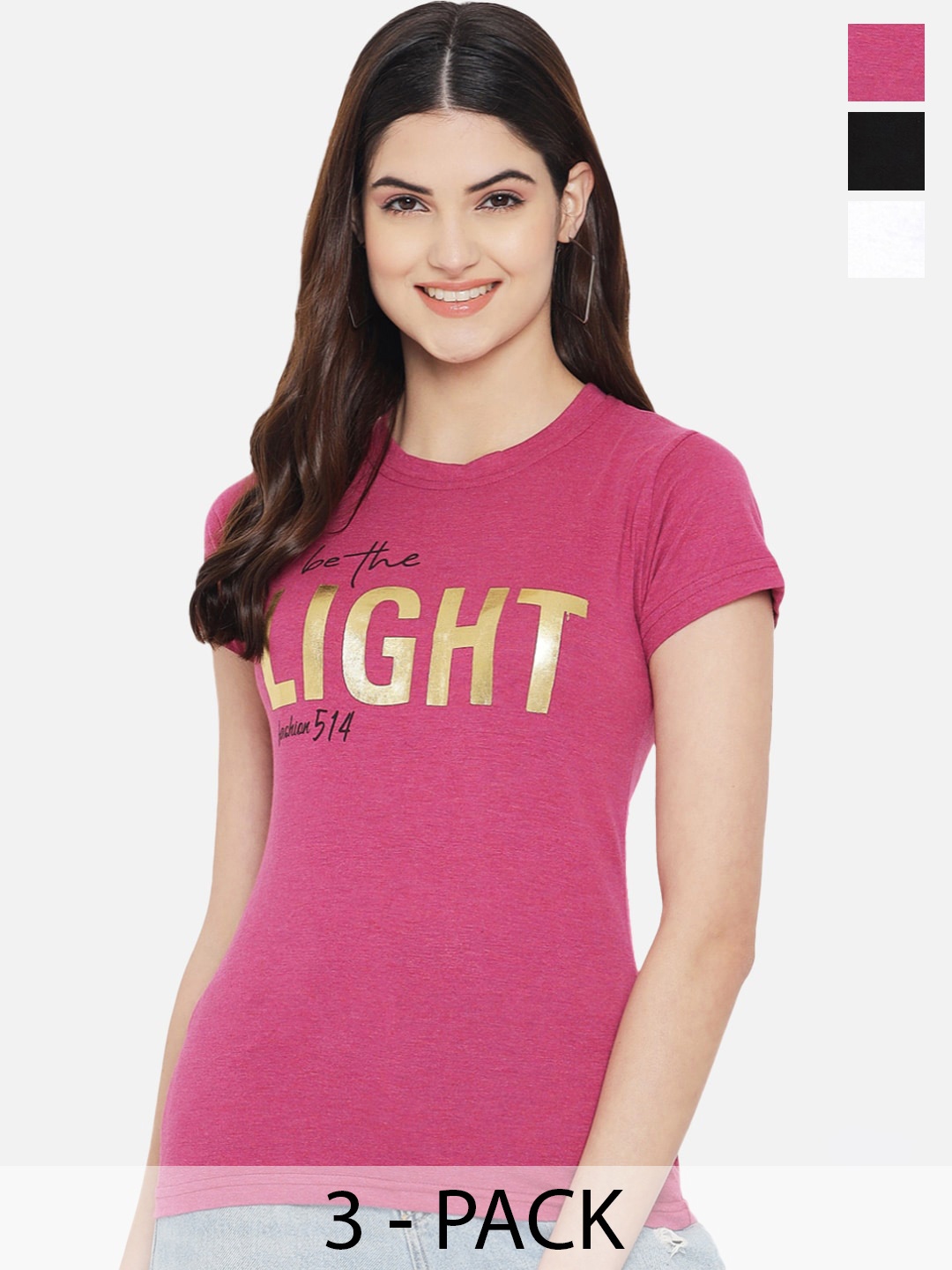 

Fabflee Pack Of 3 Typography Printed Cotton T-shirt, Magenta