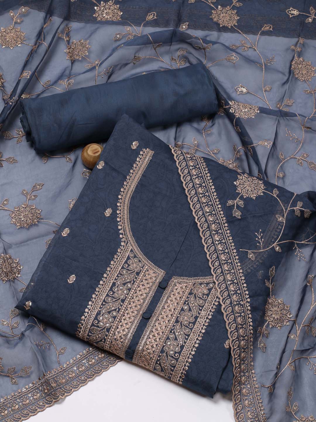 

Meena Bazaar Embroidered Organza Unstitched Dress Material, Blue