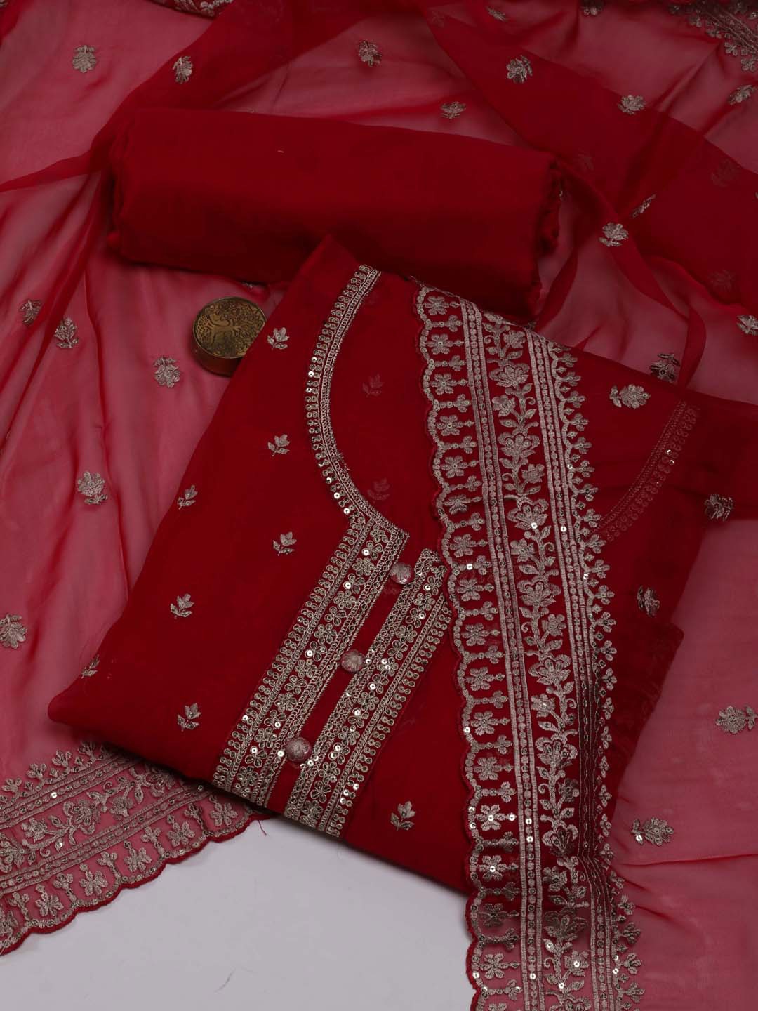 

Meena Bazaar Embroidered Organza Unstitched Dress Material, Red
