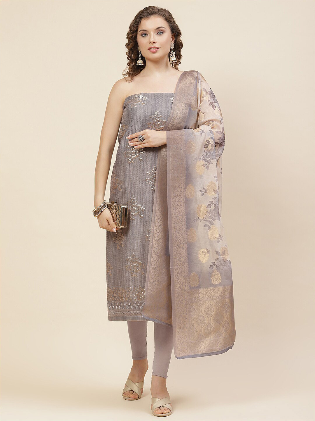 

Meena Bazaar Floral Embroidered Sequinned Unstitched Dress Material, Grey