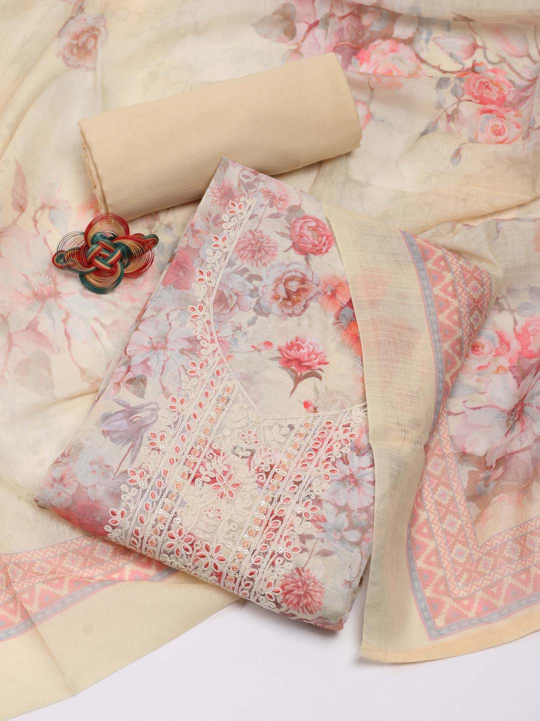 

Meena Bazaar Floral Embroidered Unstitched Dress Material, Beige