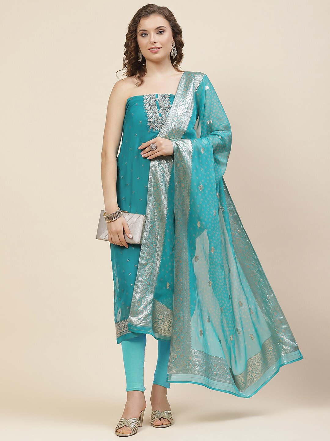 

Meena Bazaar Blue & Gold-Toned Embroidered Organza Unstitched Dress Material