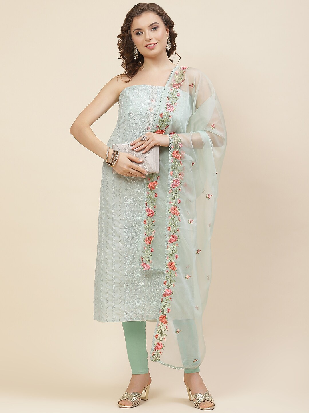 

Meena Bazaar Sea Green & Red Embroidered Art Silk Unstitched Dress Material