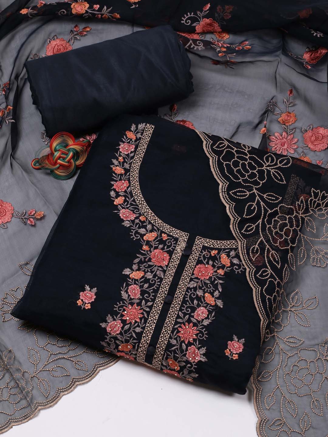 

Meena Bazaar Floral Embroidered Organza Unstitched Dress Material, Navy blue