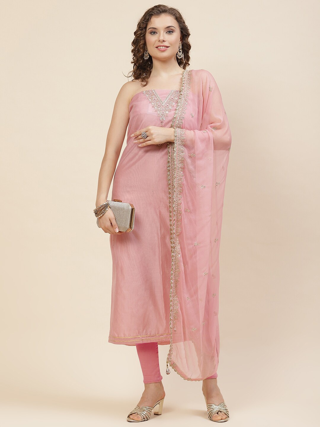 

Meena Bazaar Ethnic Motifs Embroidered Zari Unstitched Dress Material, Pink