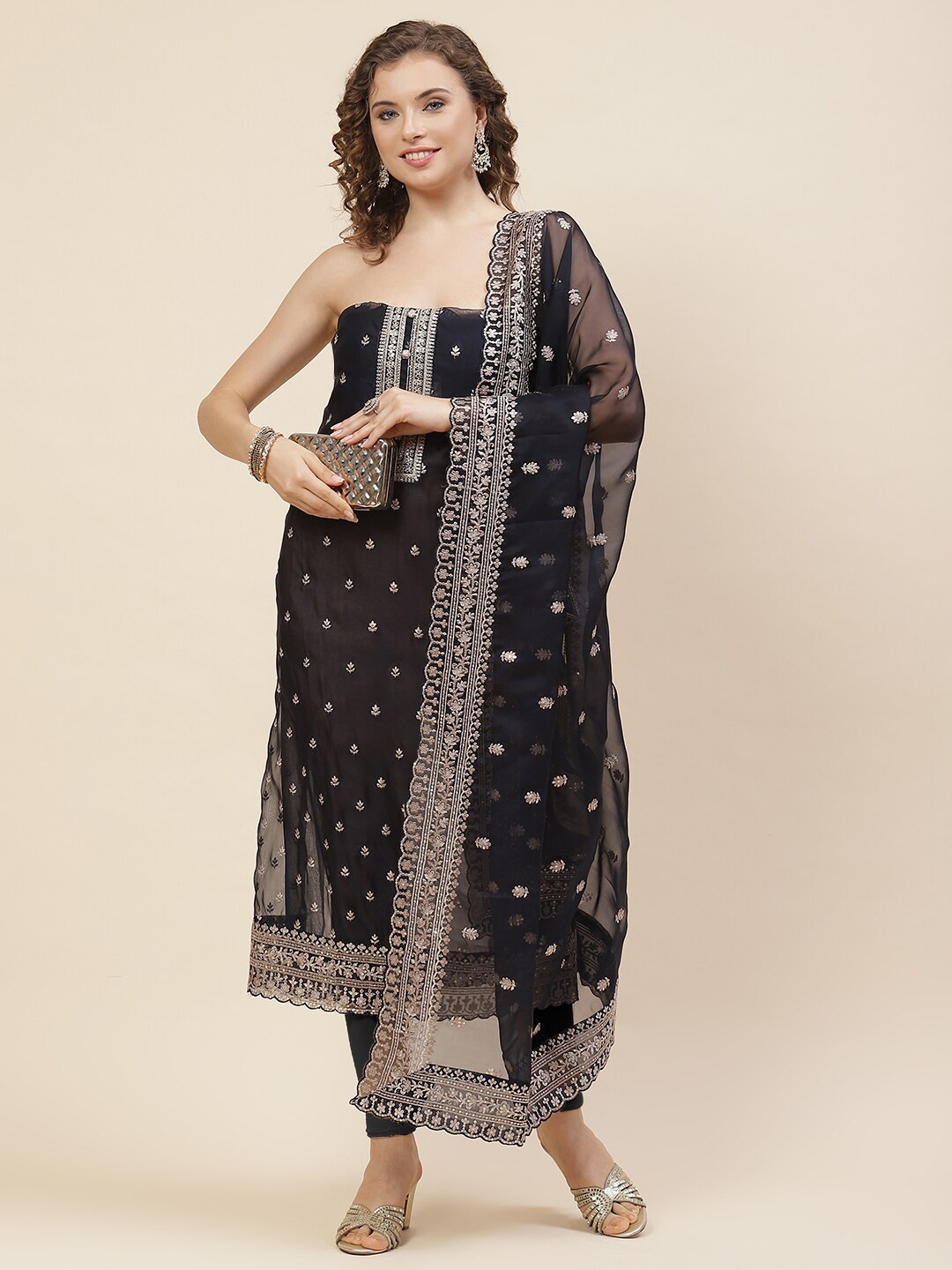 

Meena Bazaar Floral Embroidered Organza Unstitched Dress Material, Navy blue