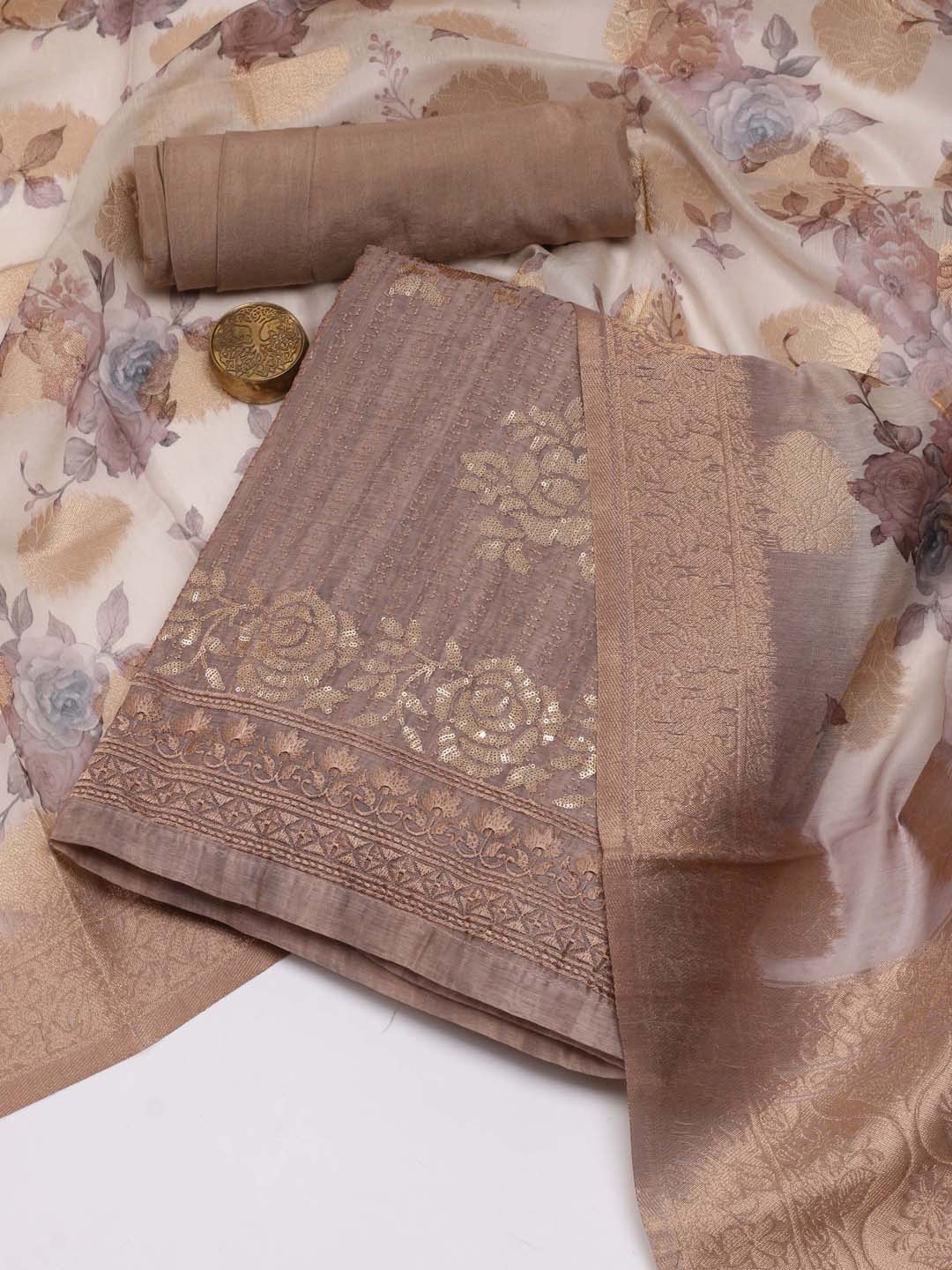 

Meena Bazaar Floral Embroidered Unstitched Dress Material, Brown