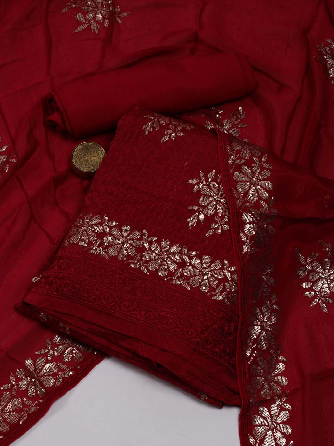 

Meena Bazaar Floral Embroidered Sequinned Unstitched Dress Material, Maroon