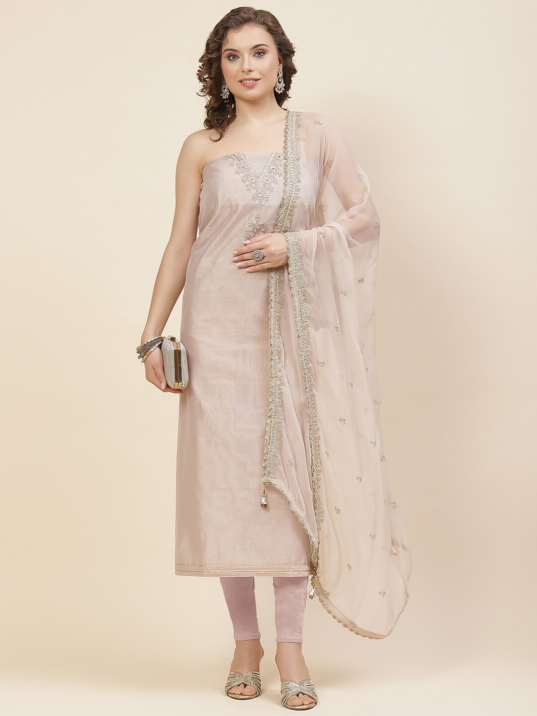 

Meena Bazaar Ethnic Motifs Embroidered Unstitched Dress Material, Beige
