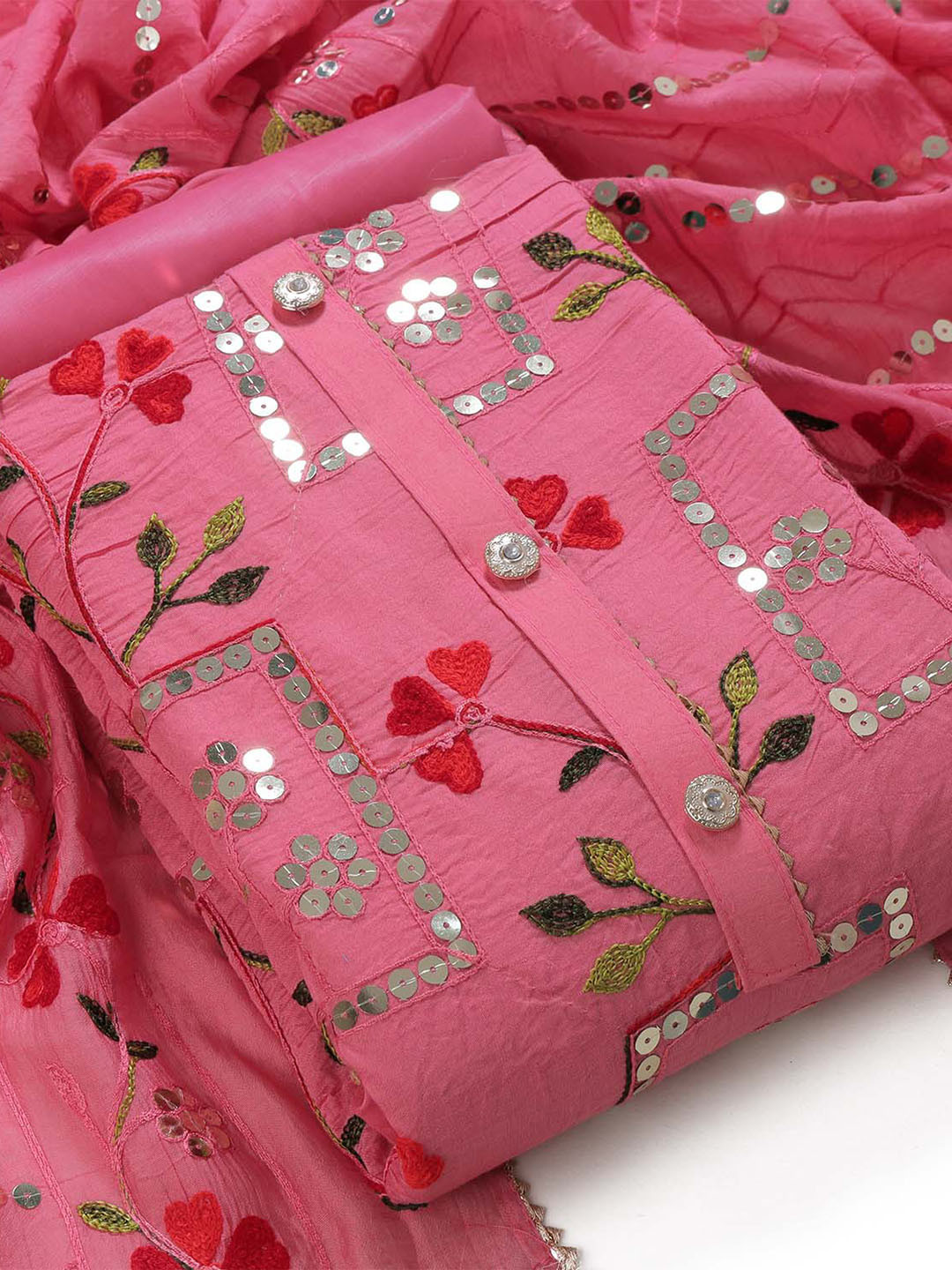 

Sun Fashion And Lifestyle Floral Printed Sequined Unstitched Dress Material, Peach