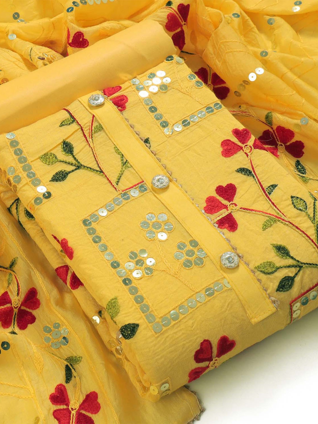 

Sun Fashion And Lifestyle Floral Embellished Unstitched Dress Material, Yellow
