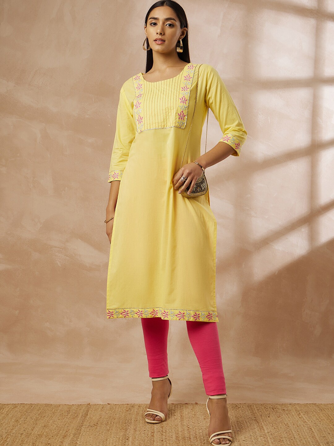 

all about you Floral Embellished Gotta Patti Pure Cotton Kurta, Yellow