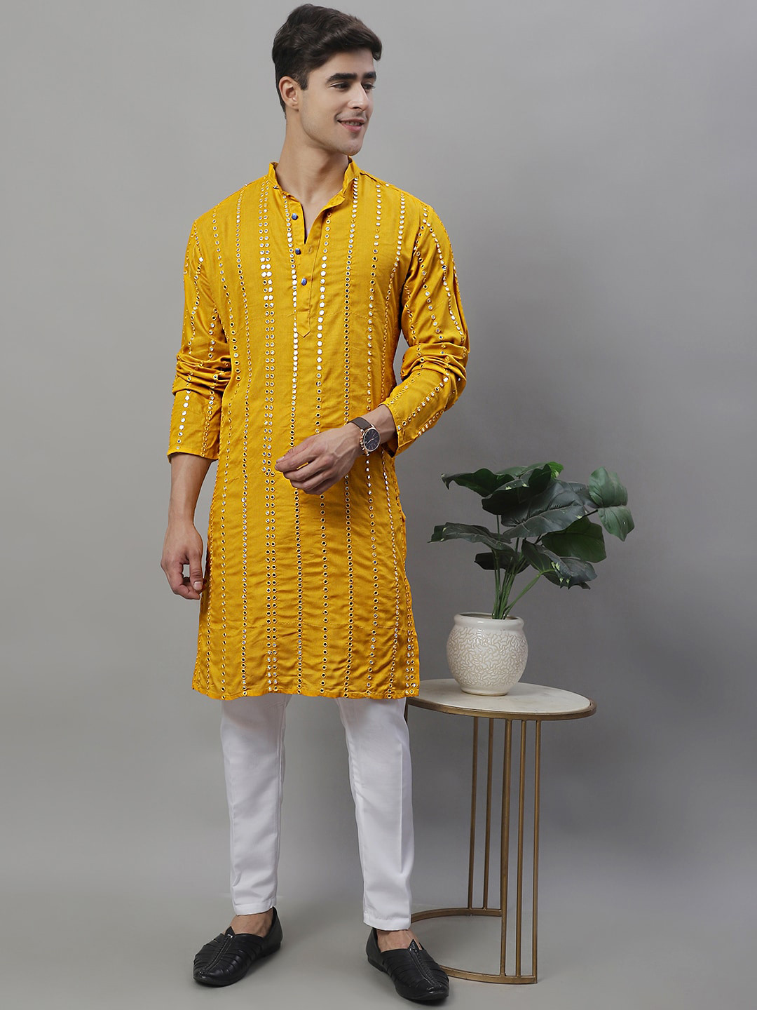 

Jompers Geometric Embroidered Band Collar Mirror Work Straight Kurta with Pyjamas, Mustard