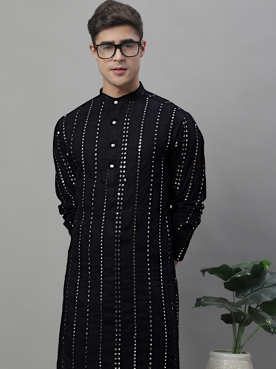 

Jompers Embroidered Regular Mirror Work Kurta with Pyjamas, Black