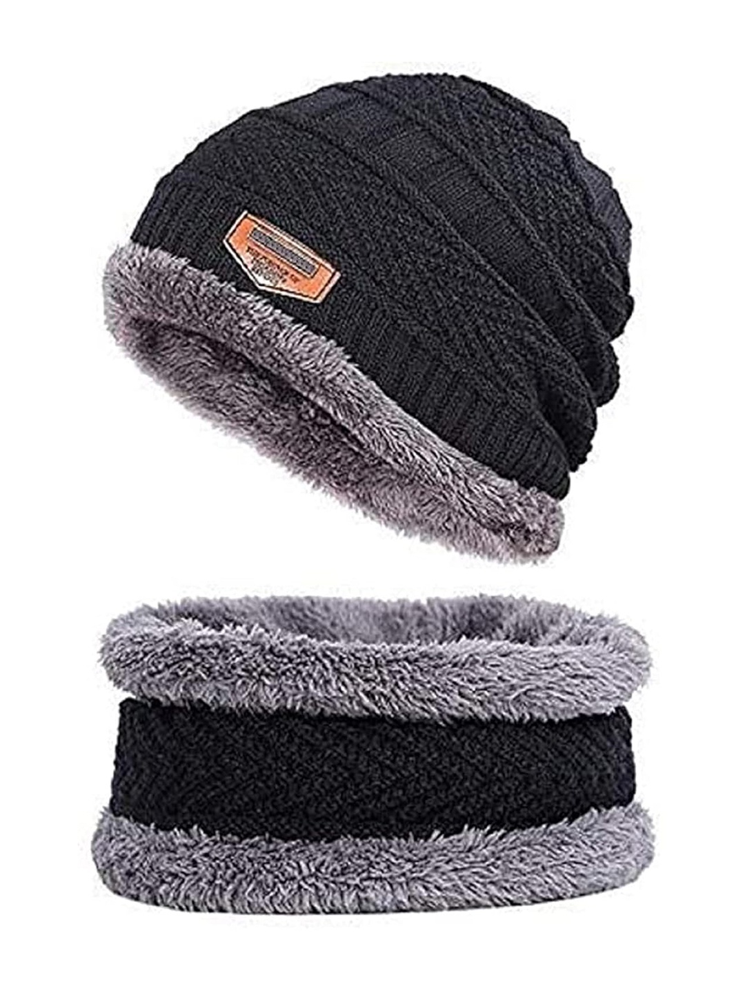 

Zacharias Men Self Design Wool Cap With Neck Muffler, Black