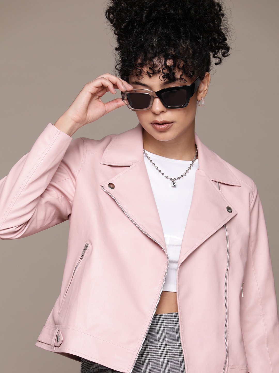 

Roadster Women Pink Crop Leather Jacket