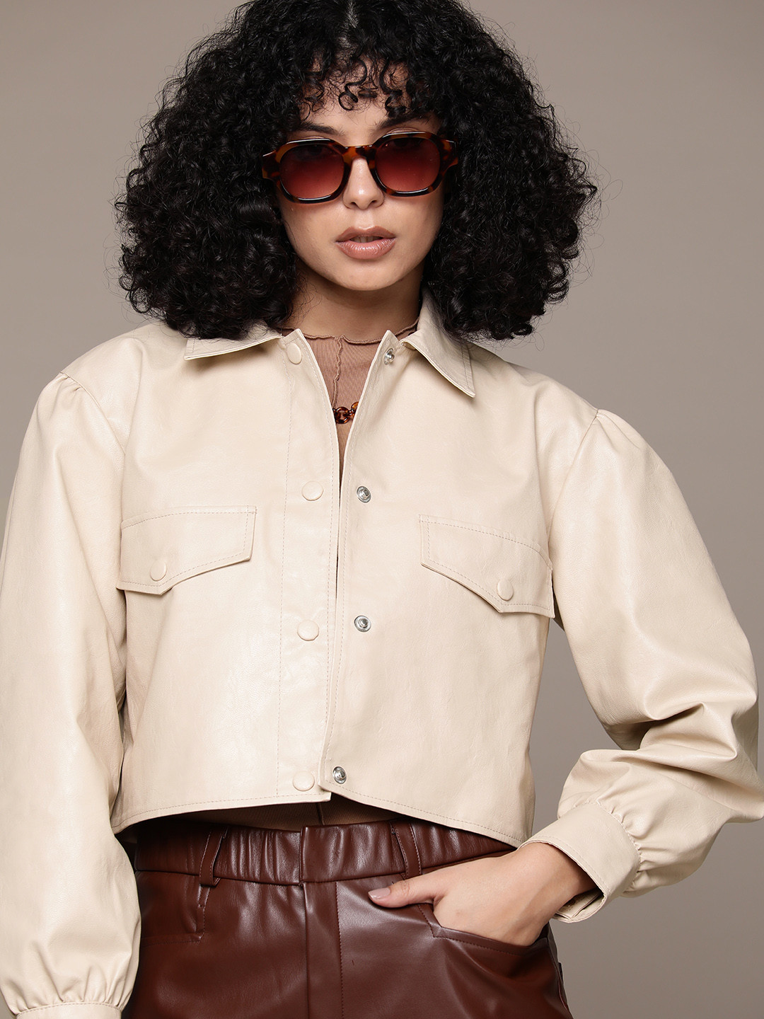 

Roadster Women Beige Crop Leather Jacket
