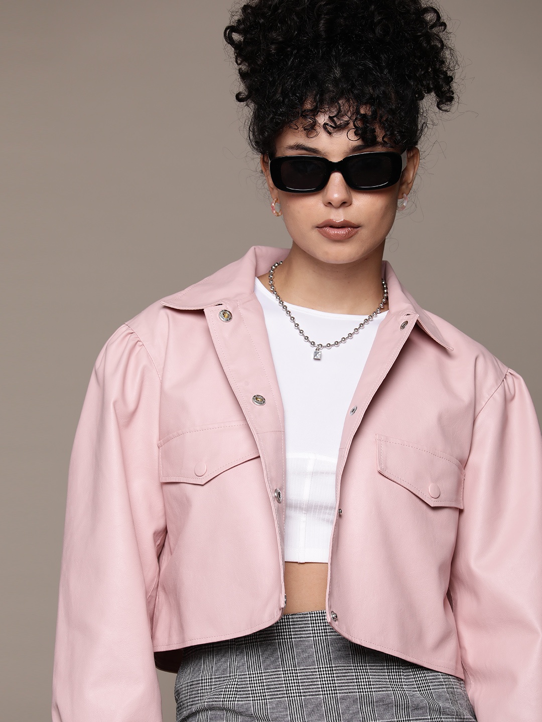 

Roadster Women Pink Crop Leather Jacket