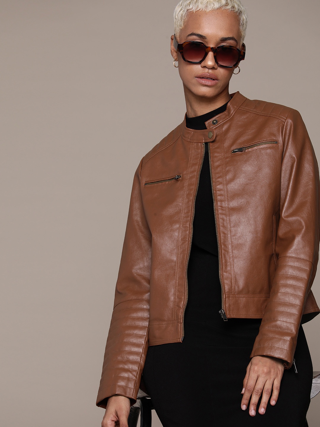 

Roadster Women Brown Crop Leather Jacket