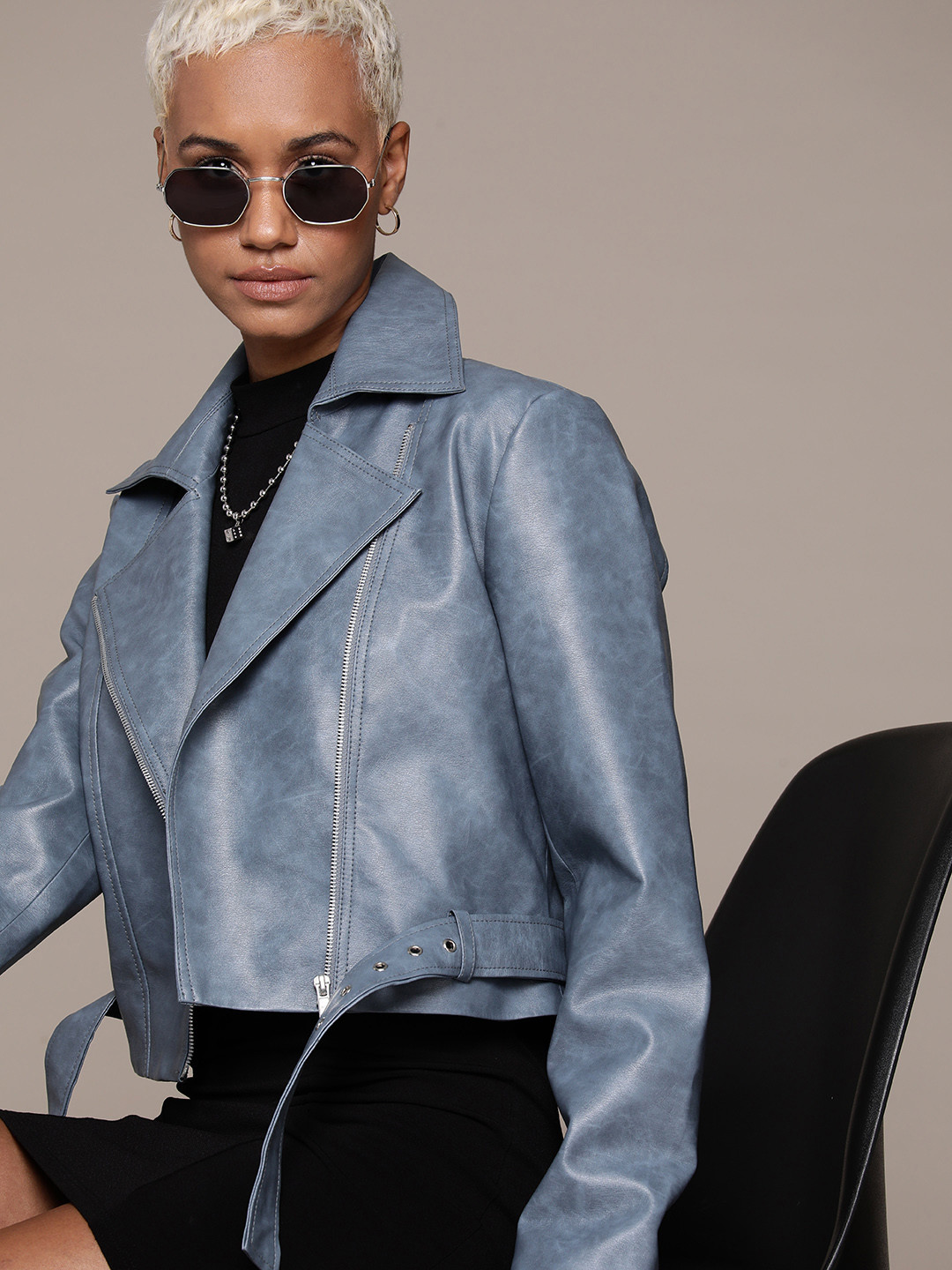 

Roadster Women Turquoise Blue Crop Leather Jacket
