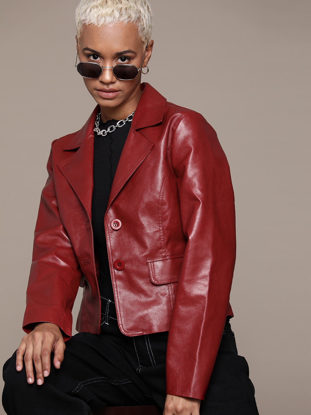

Roadster Women Maroon Leather Jacket