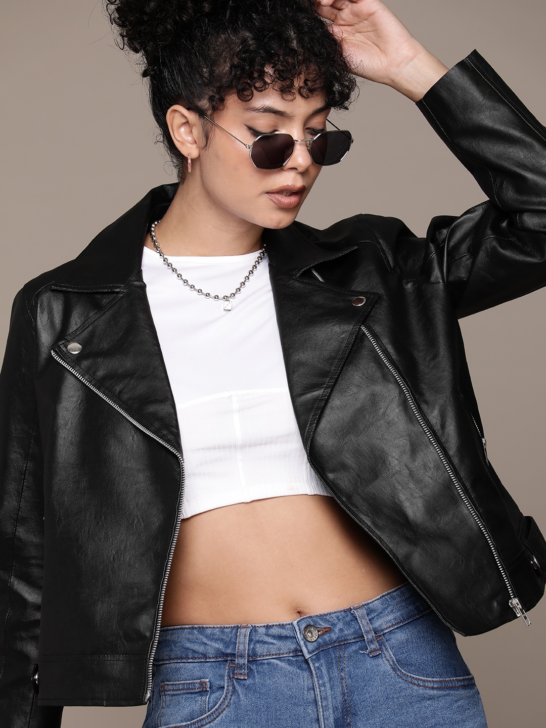 

Roadster Women Black Crop Leather Jacket