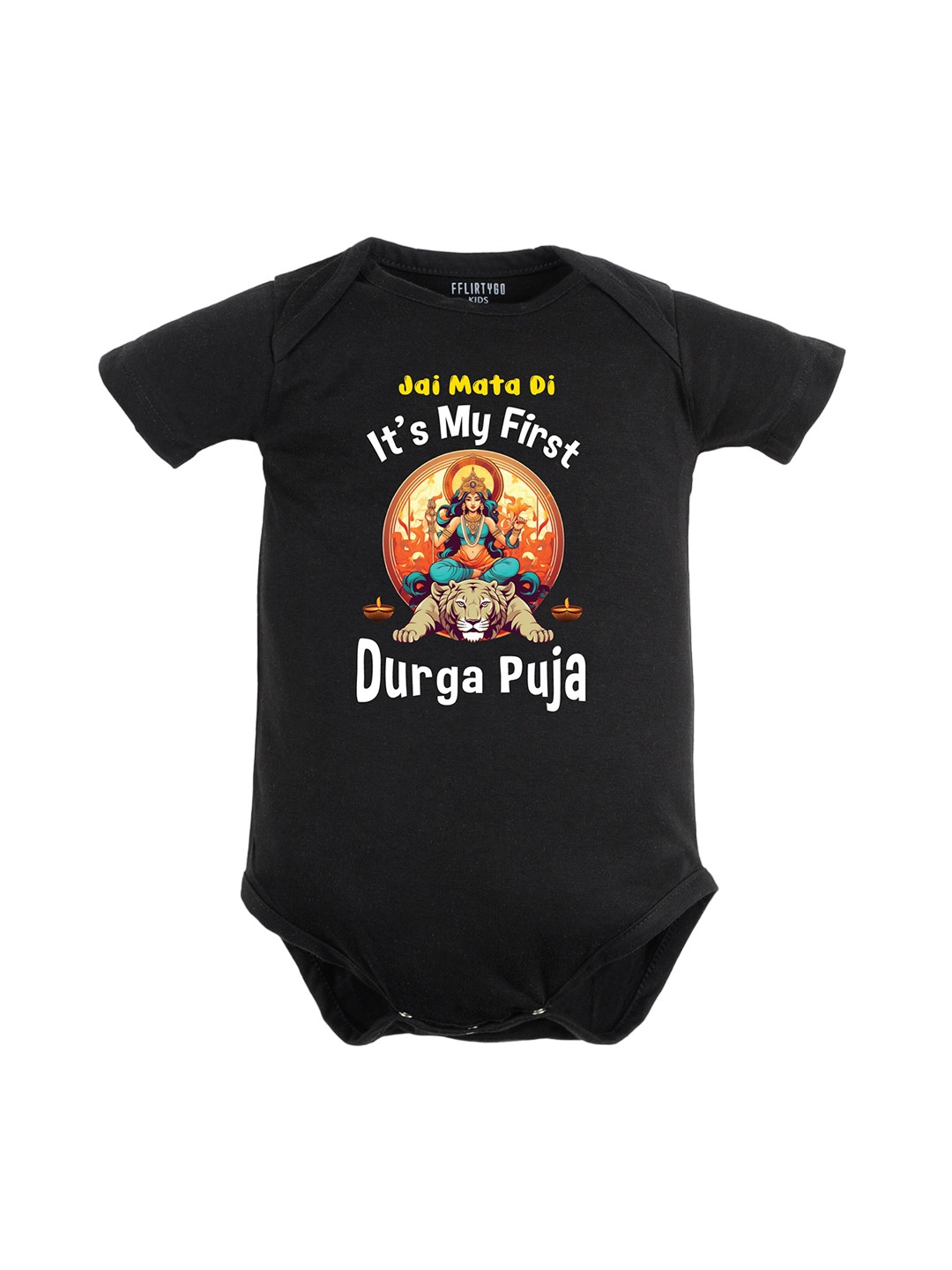

FFLIRTYGO Infant Kids Pure Cotton Durga Puja Special Printed Rompers, Black
