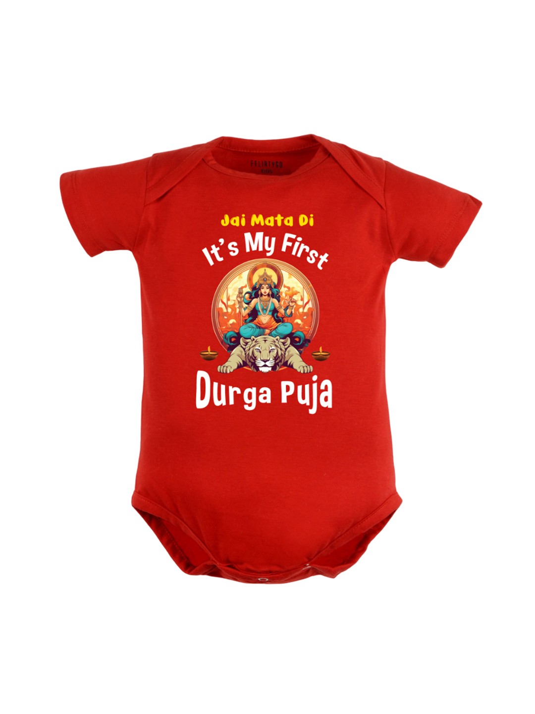 

FFLIRTYGO Kids Durga Puja Special Printed Pure Cotton Bodysuit, Red