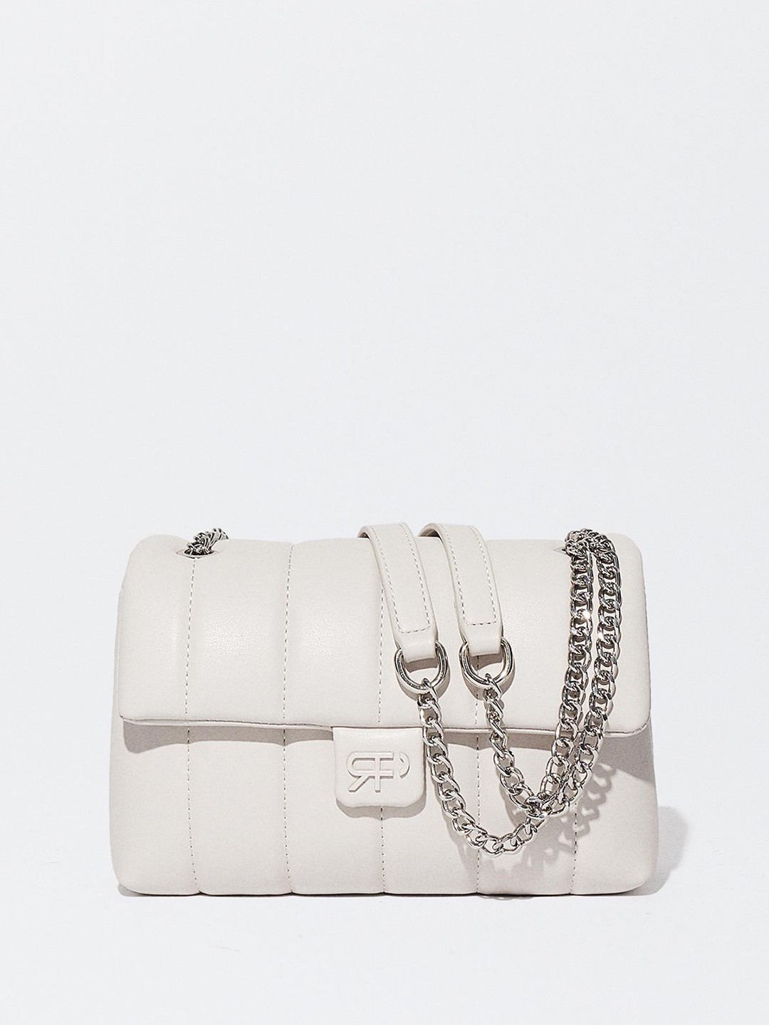 

PARFOIS Striped Structured Shoulder Bag with Quilted Detail, Off white