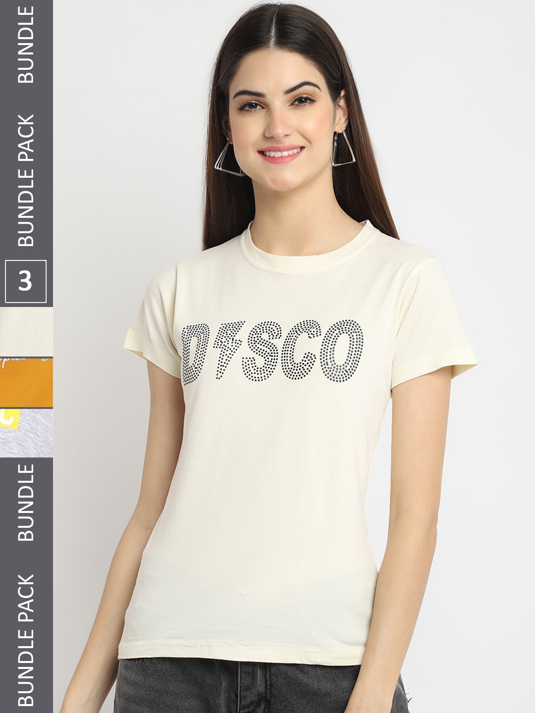 

Fabflee Pack Of 3 Typography Printed Cotton T-shirt, Cream
