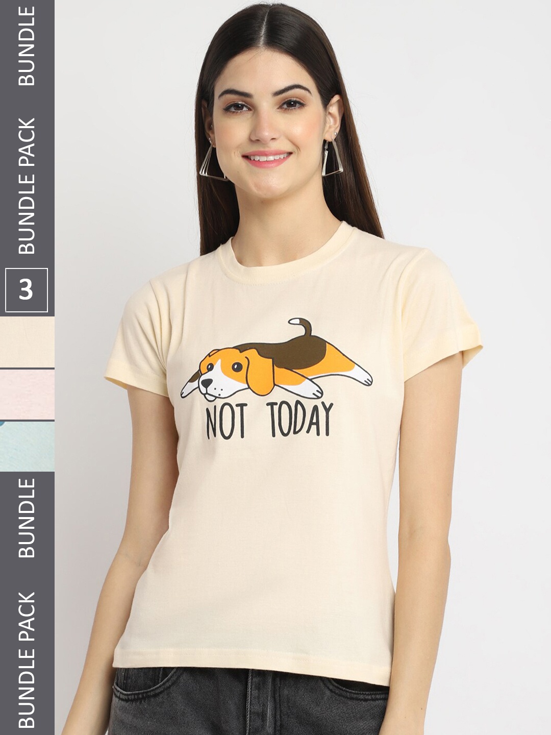 

Fabflee Pack Of 3 Typography Printed Cotton T-shirts, Cream