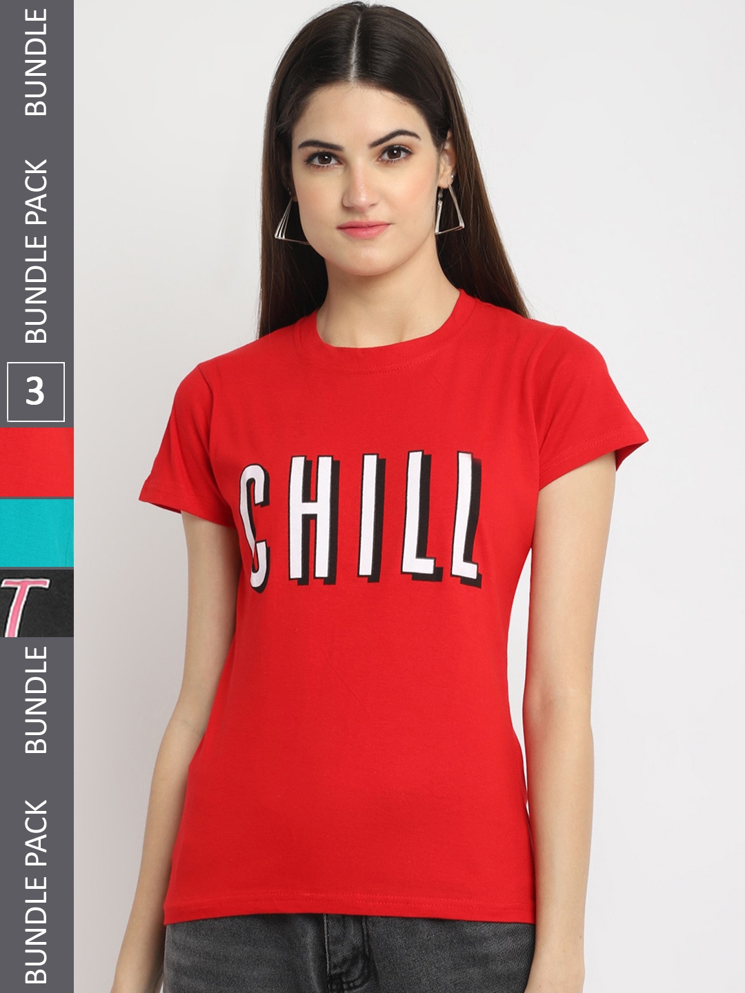 Fabflee Pack Of 3 Typography Printed Cotton T-shirt, Red