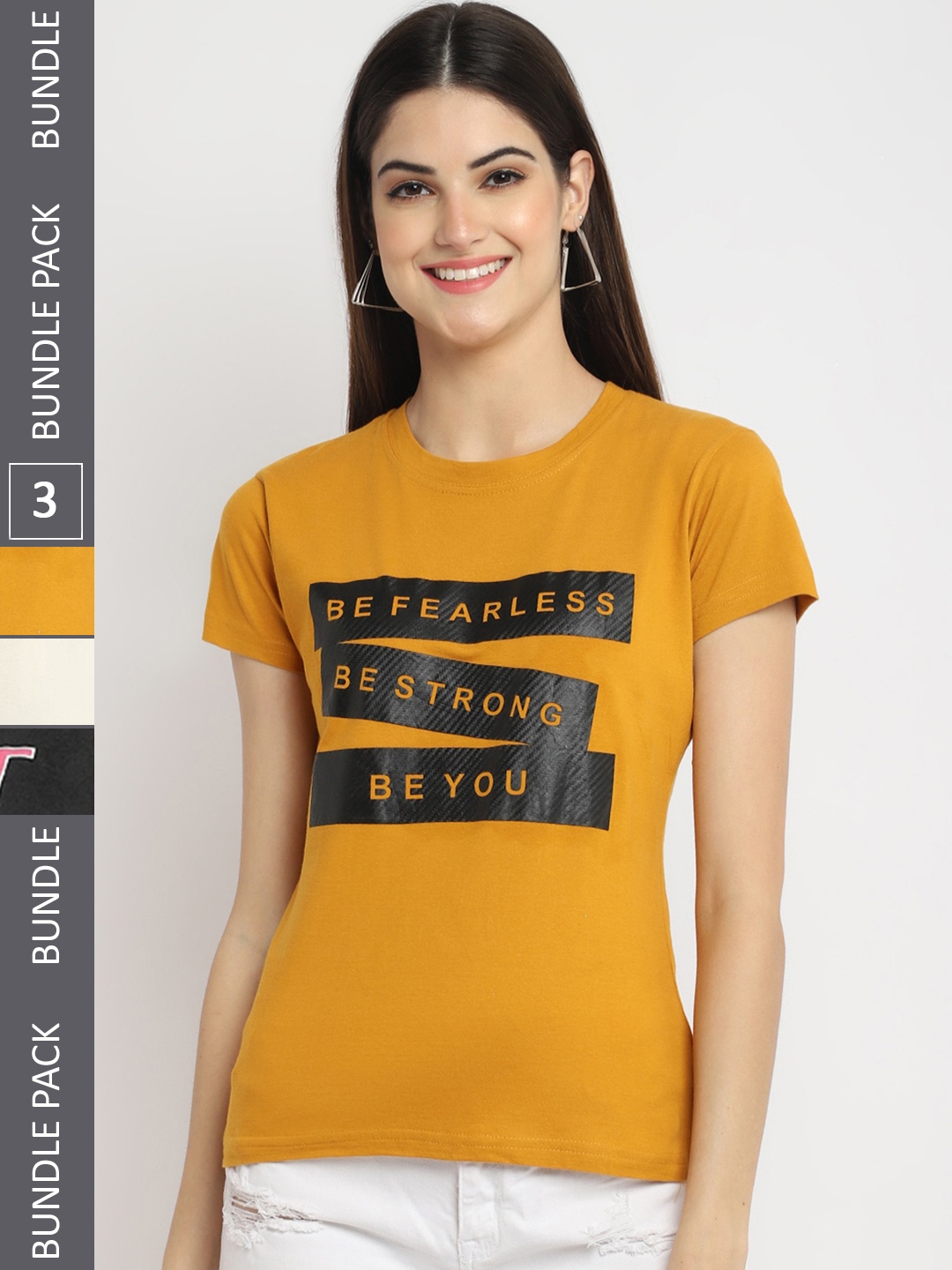 

Fabflee Pack Of 3 Typography Printed Cotton T-shirt, Mustard
