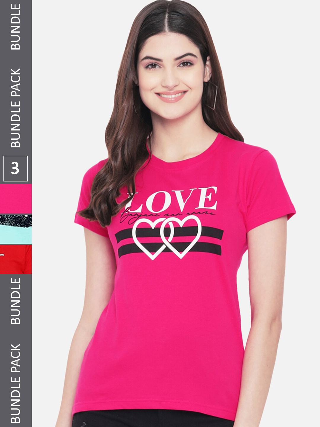 

Fabflee Pack Of 3 Typography Printed Regular Fit Cotton T-shirt, Pink