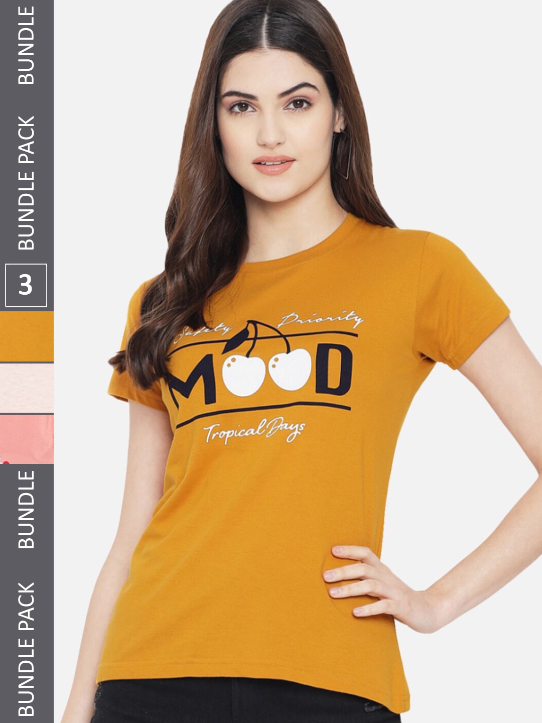 Fabflee Pack Of 3 Printed Cotton T-shirts, Mustard