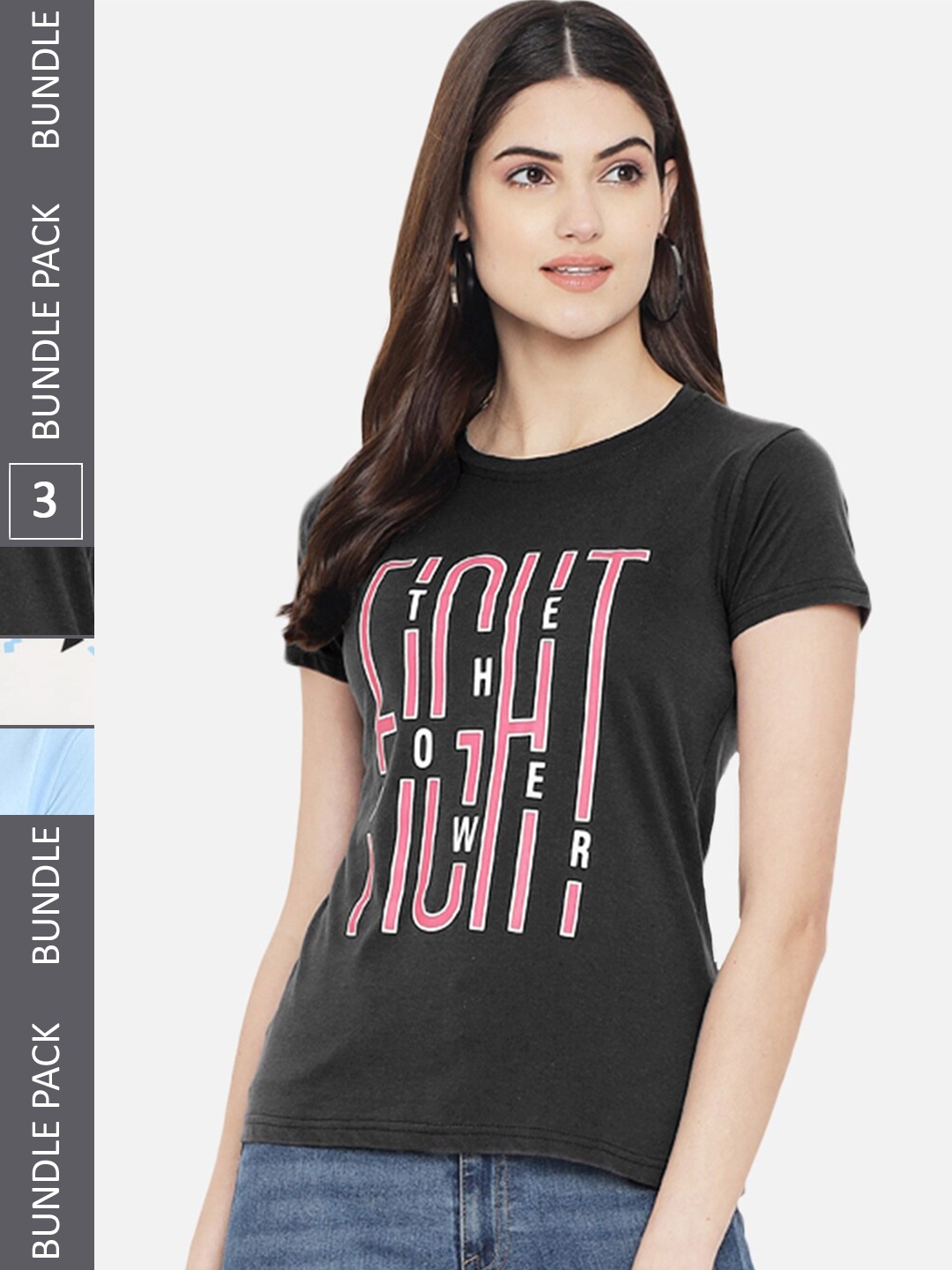 

Fabflee Pack of 3 Typography Printed Cotton T-shirt, Black
