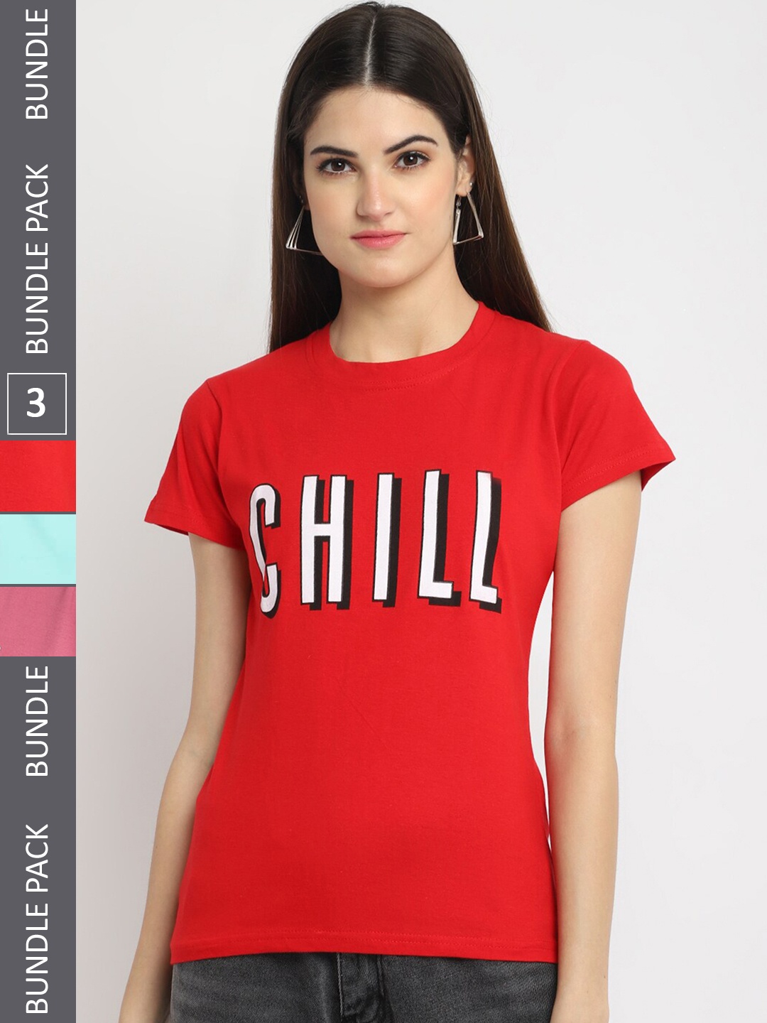 

Fabflee Pack Of 3 Typography Printed Round Neck Casual Knitted Cotton T-shirts, Red